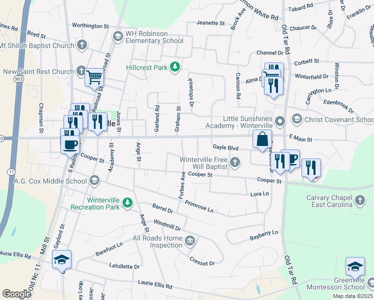 map of restaurants, bars, coffee shops, grocery stores, and more near 2520 Forbes Avenue in Winterville