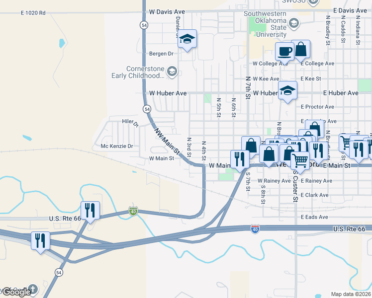 map of restaurants, bars, coffee shops, grocery stores, and more near 208 North 3rd Street in Weatherford