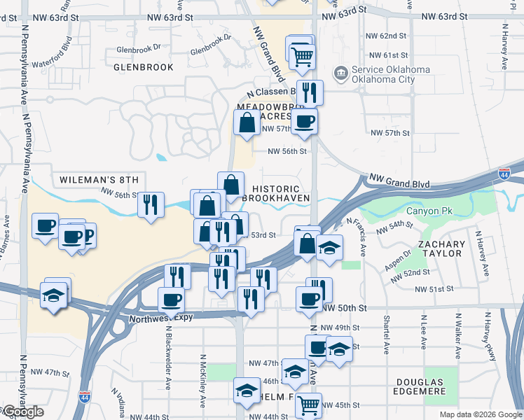 map of restaurants, bars, coffee shops, grocery stores, and more near 5428 Brookhaven Place in Oklahoma City