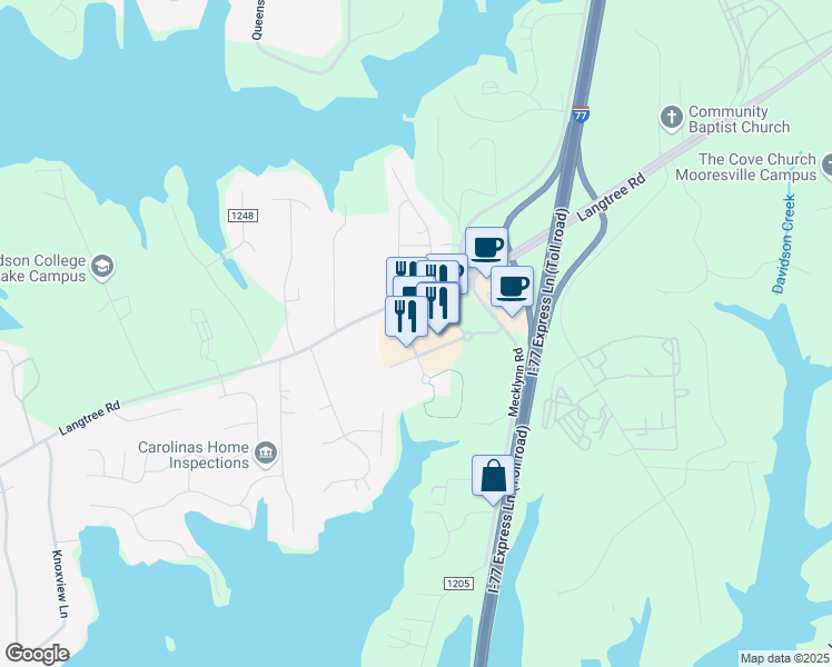map of restaurants, bars, coffee shops, grocery stores, and more near 119 Landings Drive in Mooresville