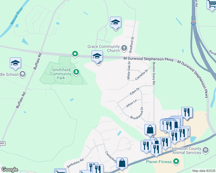 map of restaurants, bars, coffee shops, grocery stores, and more near 60 White Oak Drive in Smithfield