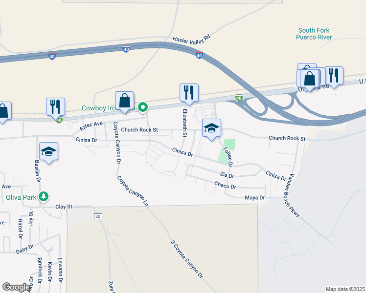 map of restaurants, bars, coffee shops, grocery stores, and more near 211 Elizabeth Street in Gallup