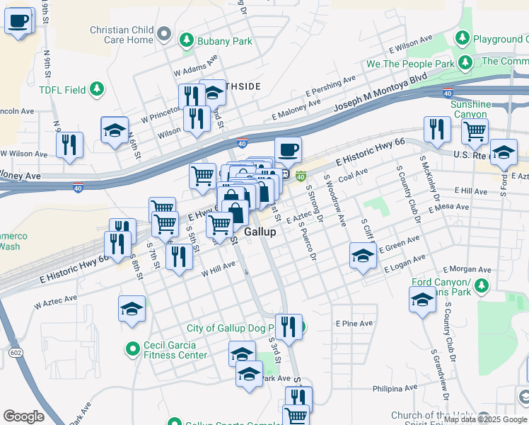 map of restaurants, bars, coffee shops, grocery stores, and more near in Gallup