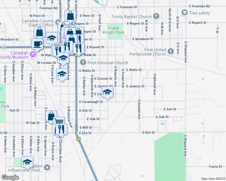 map of restaurants, bars, coffee shops, grocery stores, and more near 619 South Roberts Avenue in El Reno