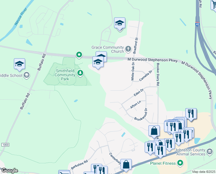 map of restaurants, bars, coffee shops, grocery stores, and more near 62 White Oak Drive in Smithfield