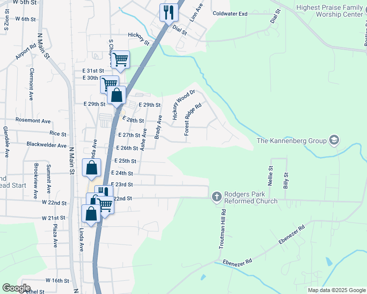 map of restaurants, bars, coffee shops, grocery stores, and more near 400 Forest Ridge Road in Kannapolis