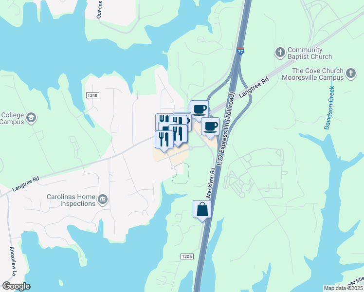 map of restaurants, bars, coffee shops, grocery stores, and more near 120 Langtree Village Drive in Mooresville