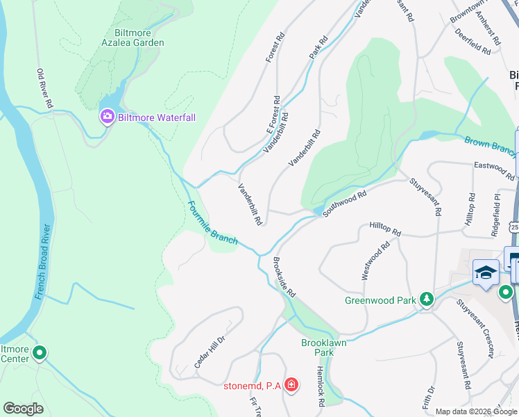 map of restaurants, bars, coffee shops, grocery stores, and more near 423 Vanderbilt Road in Biltmore Forest