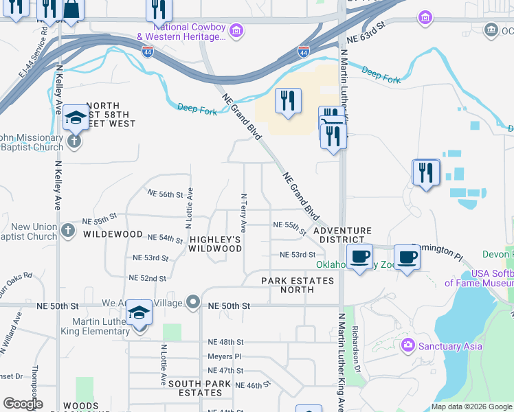 map of restaurants, bars, coffee shops, grocery stores, and more near 1709 Northeast 56th Street in Oklahoma City