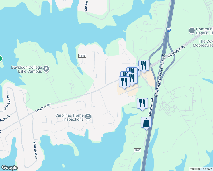 map of restaurants, bars, coffee shops, grocery stores, and more near Langtree Road in Mooresville