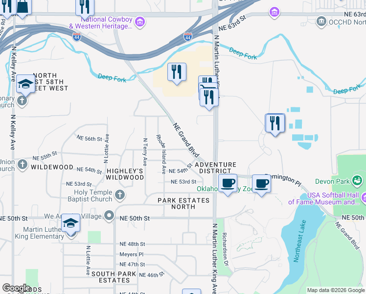 map of restaurants, bars, coffee shops, grocery stores, and more near 1829 Northeast 56th Street in Oklahoma City