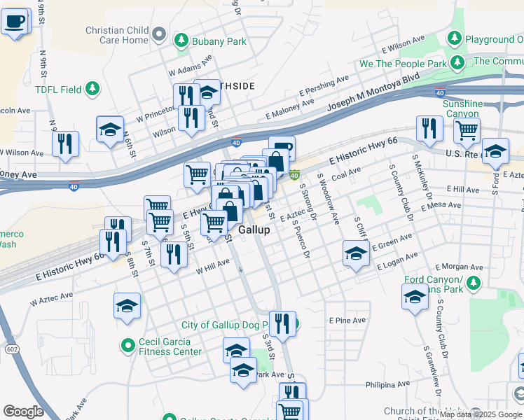 map of restaurants, bars, coffee shops, grocery stores, and more near 205 West Coal Avenue in Gallup