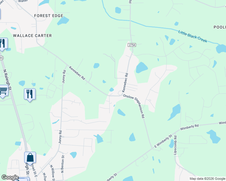 map of restaurants, bars, coffee shops, grocery stores, and more near 9620 Kennebec Road in Wake County