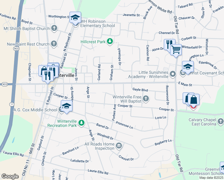 map of restaurants, bars, coffee shops, grocery stores, and more near 2520 Forbes Avenue in Winterville