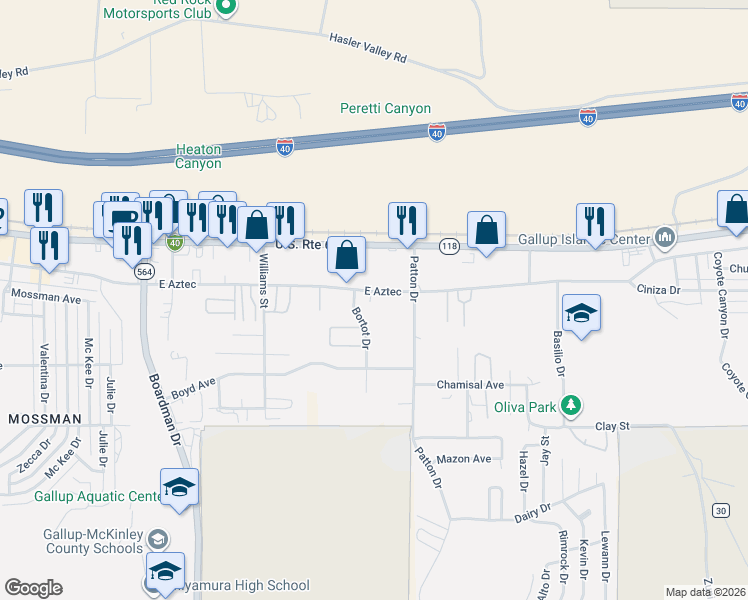 map of restaurants, bars, coffee shops, grocery stores, and more near 2736-2798 East Aztec in Gallup