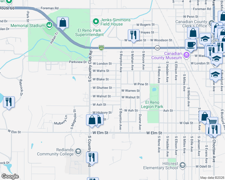 map of restaurants, bars, coffee shops, grocery stores, and more near 1405 West Shuttee Street in El Reno
