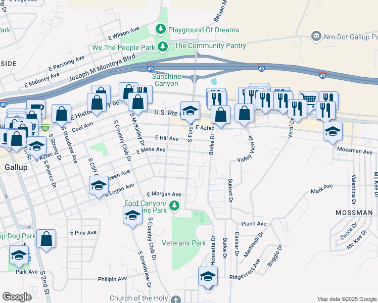 map of restaurants, bars, coffee shops, grocery stores, and more near 1001 East Mesa Avenue in Gallup