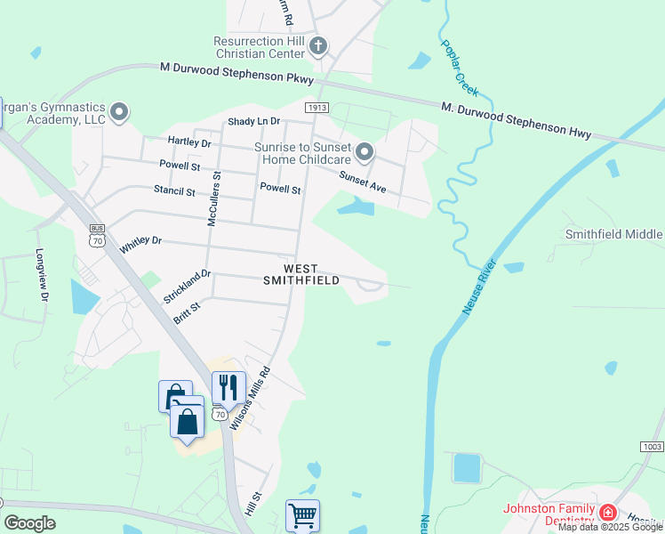 map of restaurants, bars, coffee shops, grocery stores, and more near 109 Castle Drive in Smithfield
