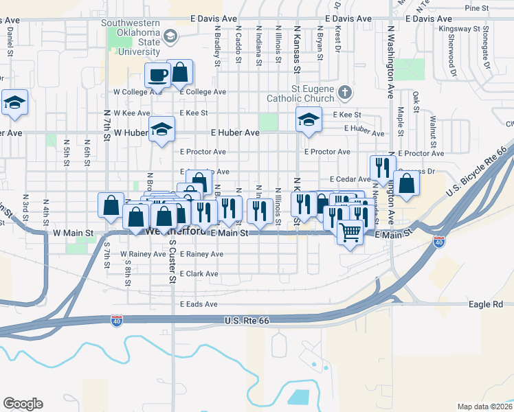 map of restaurants, bars, coffee shops, grocery stores, and more near 413 East Franklin Avenue in Weatherford