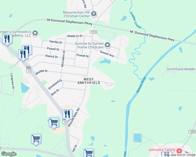 map of restaurants, bars, coffee shops, grocery stores, and more near 109 Castle Drive in Smithfield