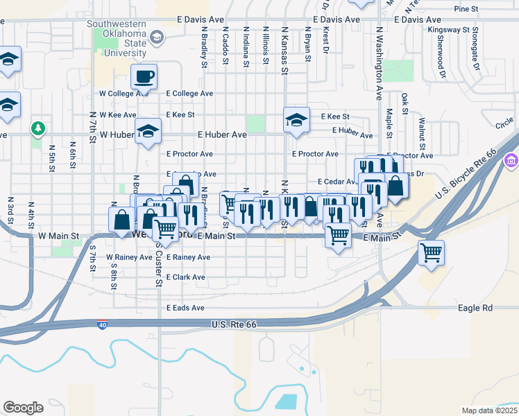 map of restaurants, bars, coffee shops, grocery stores, and more near 217 North Illinois Street in Weatherford