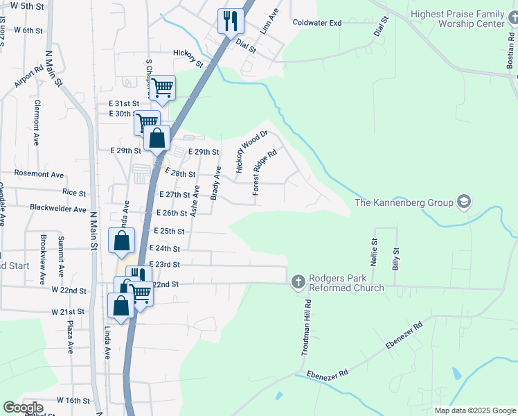 map of restaurants, bars, coffee shops, grocery stores, and more near 400 Forest Ridge Road in Kannapolis