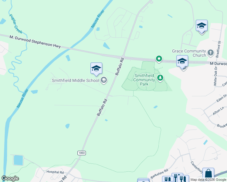 map of restaurants, bars, coffee shops, grocery stores, and more near 1418 Buffalo Road in Smithfield