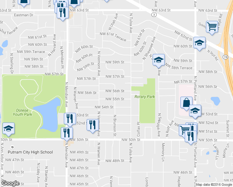 map of restaurants, bars, coffee shops, grocery stores, and more near 4136 NW 56th St in Oklahoma City