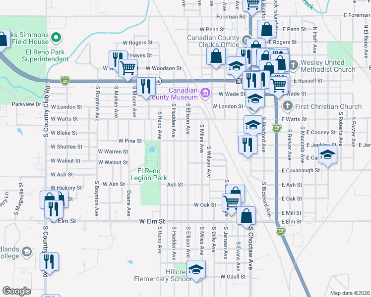 map of restaurants, bars, coffee shops, grocery stores, and more near 614 South Ellison Avenue in El Reno