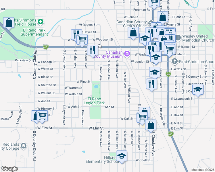 map of restaurants, bars, coffee shops, grocery stores, and more near 614 South Hadden Avenue in El Reno