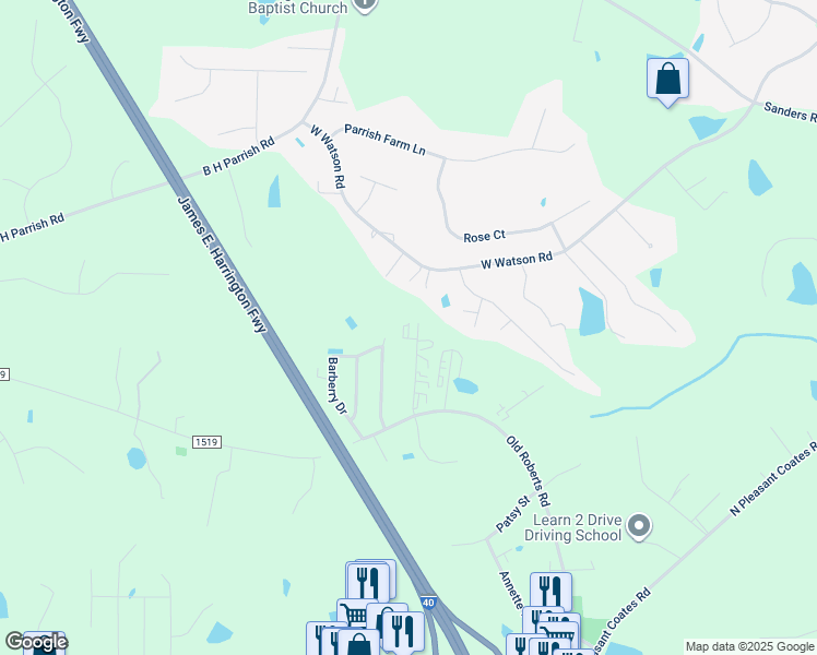 map of restaurants, bars, coffee shops, grocery stores, and more near 153 Last Cast Drive in Benson