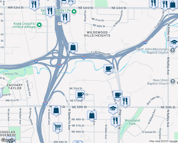 map of restaurants, bars, coffee shops, grocery stores, and more near 101 Northeast 53rd Street in Oklahoma City