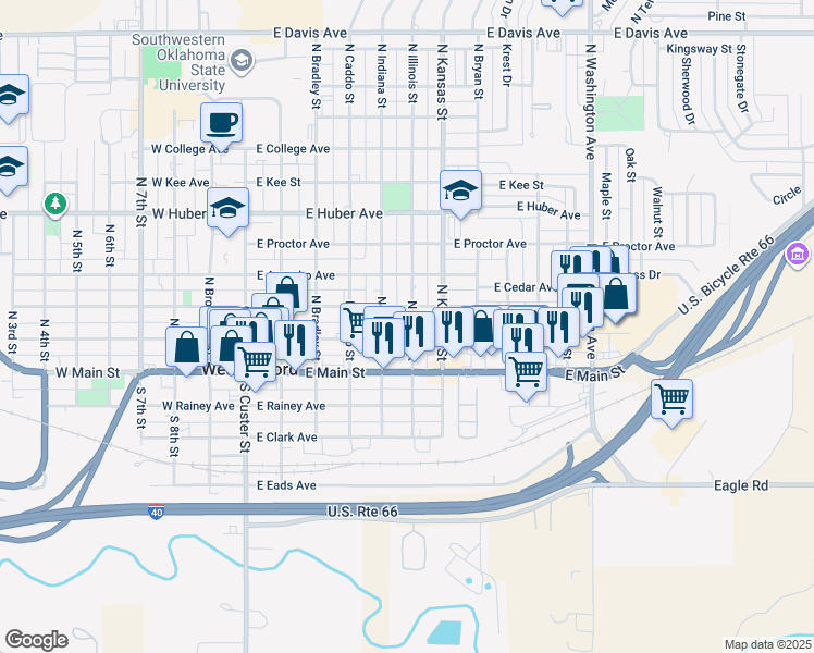 map of restaurants, bars, coffee shops, grocery stores, and more near 217 North Illinois Street in Weatherford