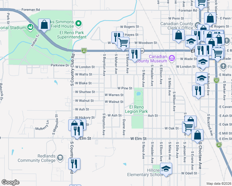map of restaurants, bars, coffee shops, grocery stores, and more near 1116 W Warren St in El Reno