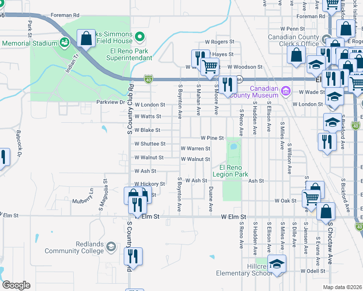 map of restaurants, bars, coffee shops, grocery stores, and more near 1220 West Warren Street in El Reno