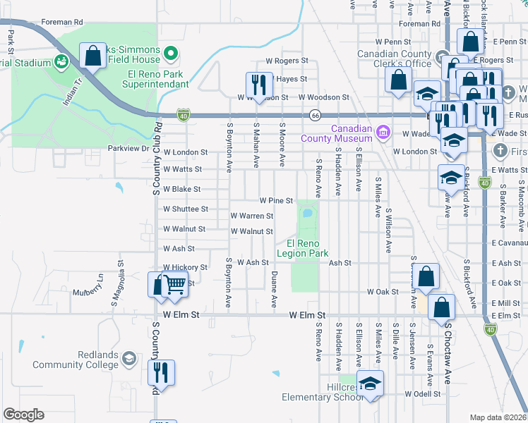 map of restaurants, bars, coffee shops, grocery stores, and more near 1116 West Warren Street in El Reno