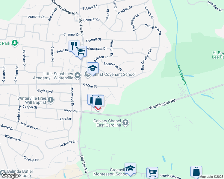 map of restaurants, bars, coffee shops, grocery stores, and more near 2517 Brook Ln in Winterville