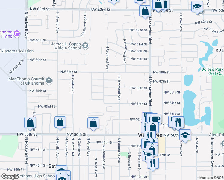 map of restaurants, bars, coffee shops, grocery stores, and more near 6020 Northwest 56th Street in Warr Acres