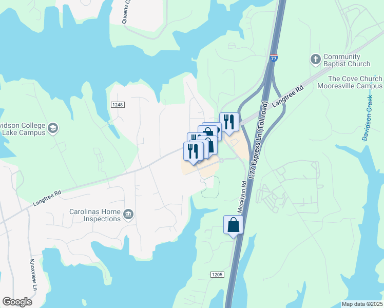 map of restaurants, bars, coffee shops, grocery stores, and more near 453 Langtree Road in Mooresville