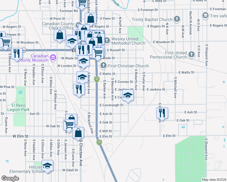 map of restaurants, bars, coffee shops, grocery stores, and more near 703 South Macomb Avenue in El Reno