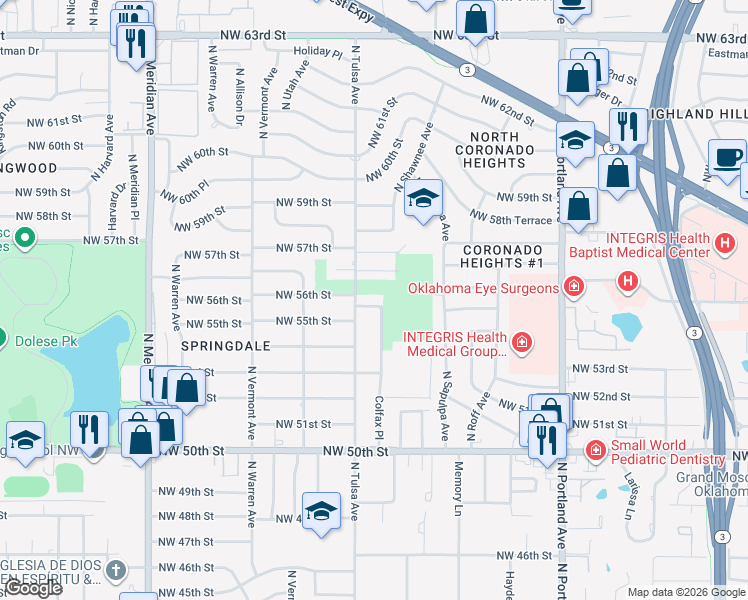 map of restaurants, bars, coffee shops, grocery stores, and more near 4005 Northwest 56th Street in Oklahoma City
