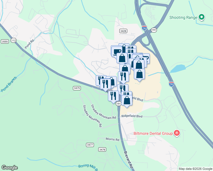 map of restaurants, bars, coffee shops, grocery stores, and more near 58 Oak Terrace Drive in Asheville