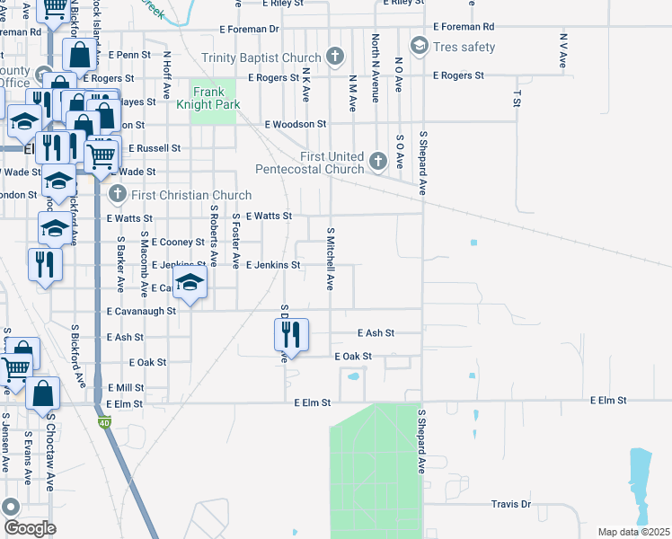 map of restaurants, bars, coffee shops, grocery stores, and more near 701 South Mitchell Avenue in El Reno