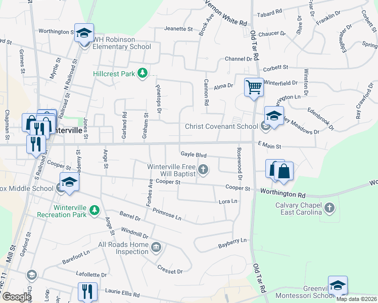map of restaurants, bars, coffee shops, grocery stores, and more near 401-437 Gayle Boulevard in Winterville