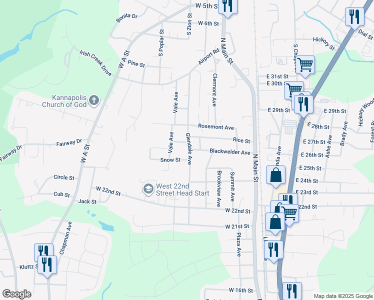 map of restaurants, bars, coffee shops, grocery stores, and more near 2507 Glendale Avenue in Kannapolis