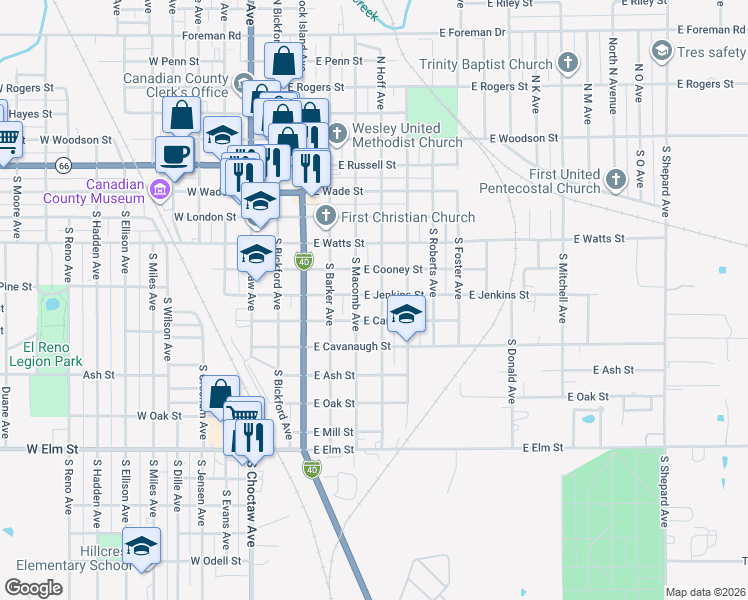 map of restaurants, bars, coffee shops, grocery stores, and more near 703 South Macomb Avenue in El Reno