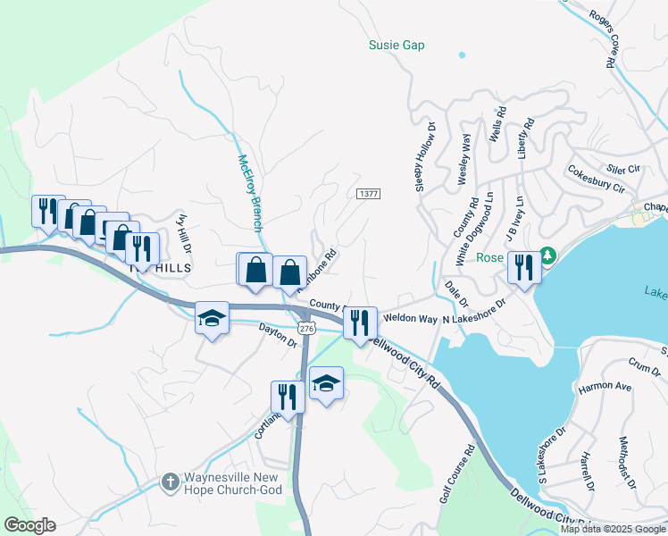 map of restaurants, bars, coffee shops, grocery stores, and more near 50 Nazarene Way in Waynesville