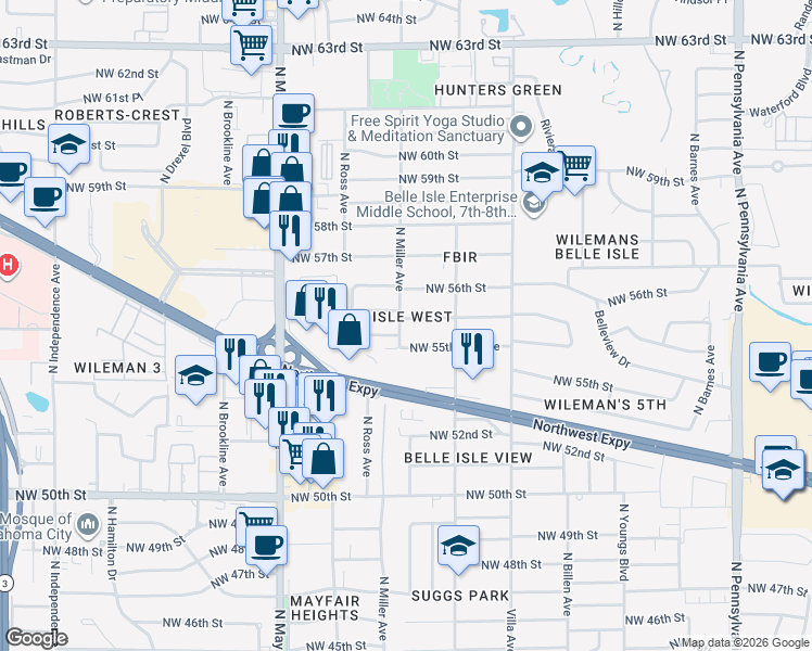 map of restaurants, bars, coffee shops, grocery stores, and more near 2630 Northwest 55th Place in Oklahoma City