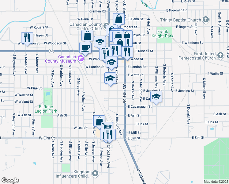 map of restaurants, bars, coffee shops, grocery stores, and more near 711 South Choctaw Avenue in El Reno
