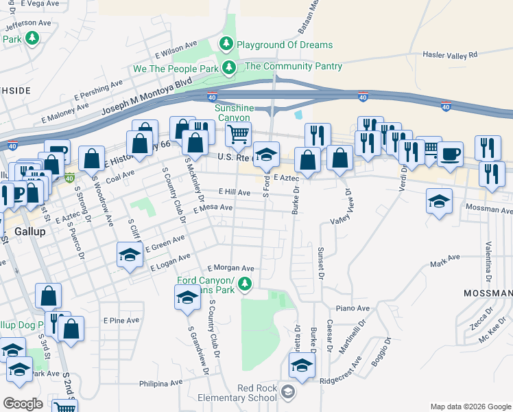 map of restaurants, bars, coffee shops, grocery stores, and more near 917 East Mesa Avenue in Gallup